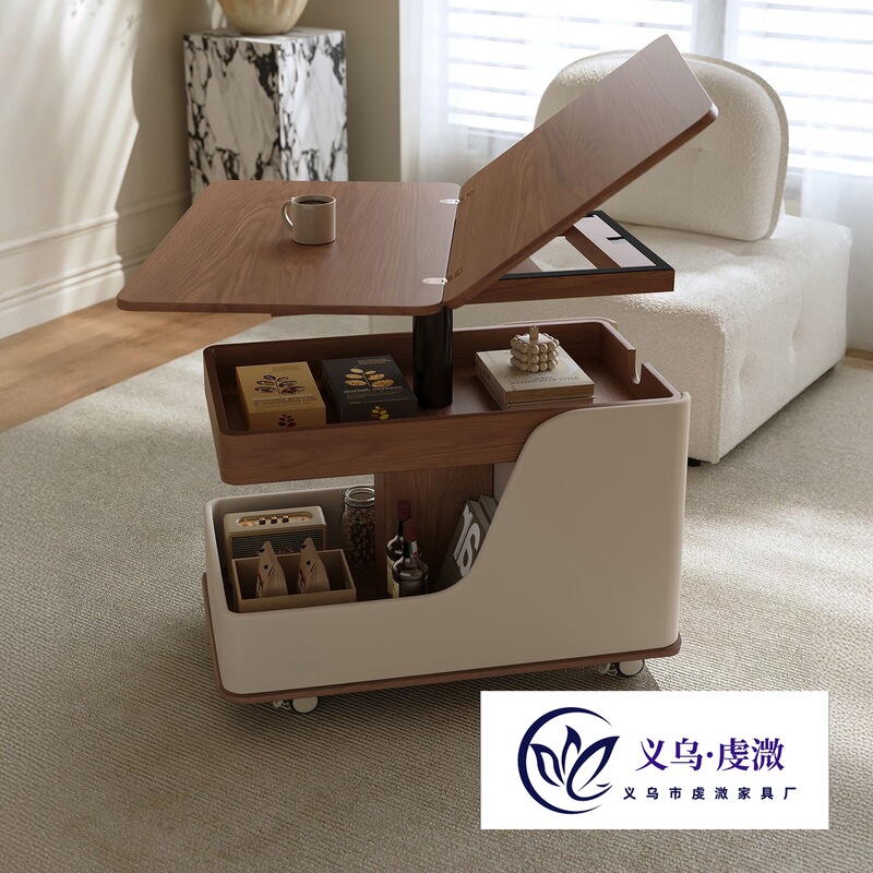 Solid Wood Multifunctional Foldable Coffee Table Movable Side Table with Wheeled Trolley Home Living Room Sofa Storage Corner Table