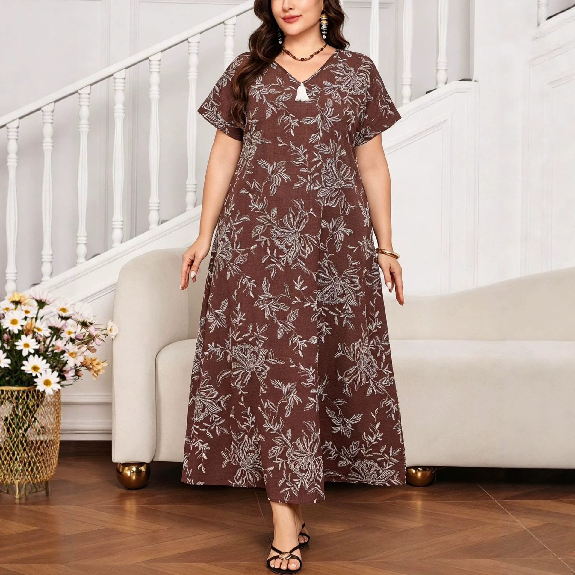 Cross-border plus size summer retro brown floral print V-neck tassel short-sleeved loose-fitting long robe