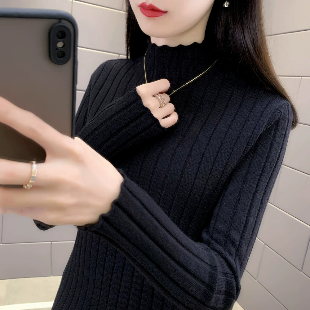 Black knitted elastic sweater, demi-season base body-friendly long-sleeve, slim fit