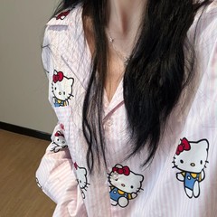 ストライプのケイティの韓国系の甘いパジャマの女性2025春秋の長袖のズボンの家の服は大きいサイズのスーツを着ることができます。