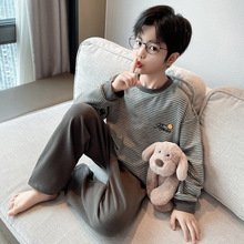 批发儿童家居服秋冬款双面德绒保暖内衣中大男童宽松条纹睡衣套装