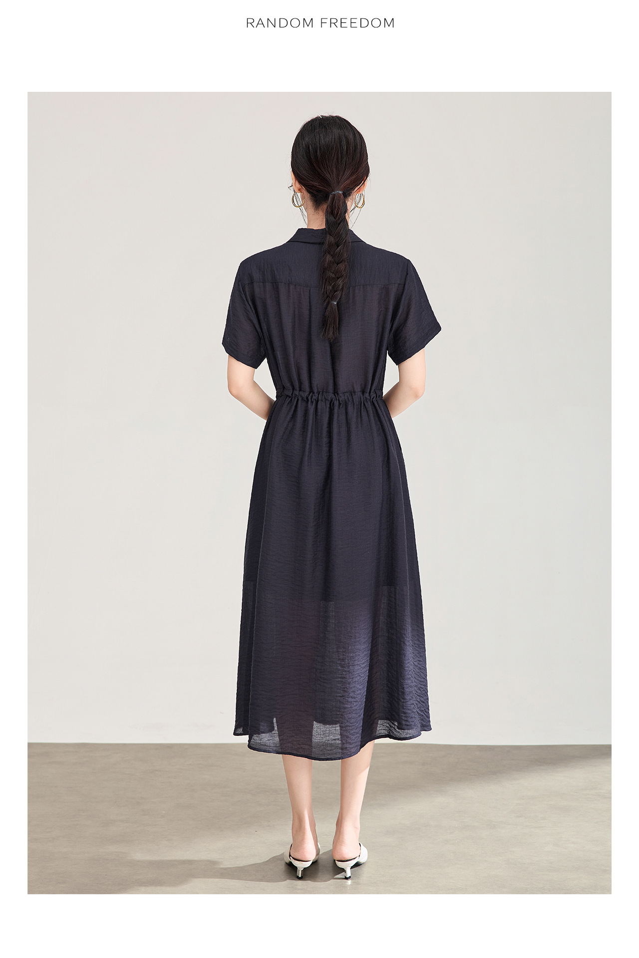 Đầm sơ mi nữ dáng suông chất liệu linen phối cườm nhẹ — màu xanh navy chi tiết 15