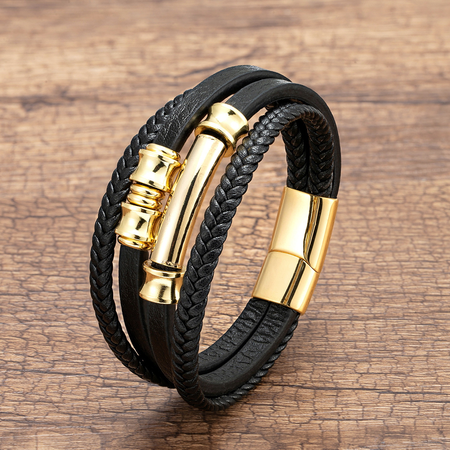 Daily Occasion Retro Geometric 304 Stainless Steel Pu Leather Layered Men's Bangle Men Cord & Leather Bracelets