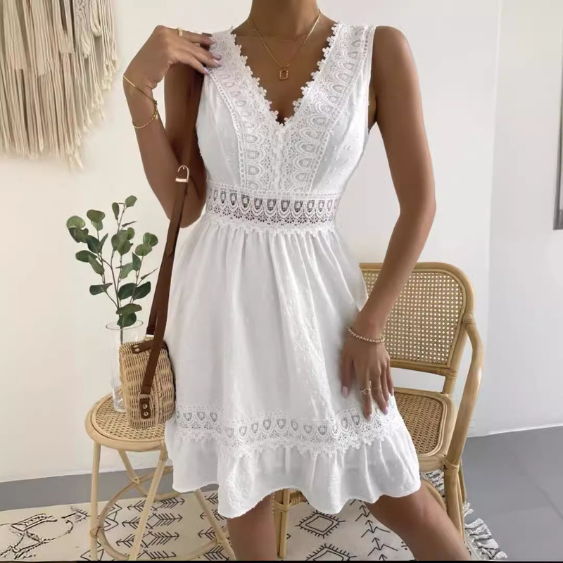 2023 Independent Station Cross-Border New Product Hot Version Lace Splicing Pleated V Neck Sexy Backless Dress