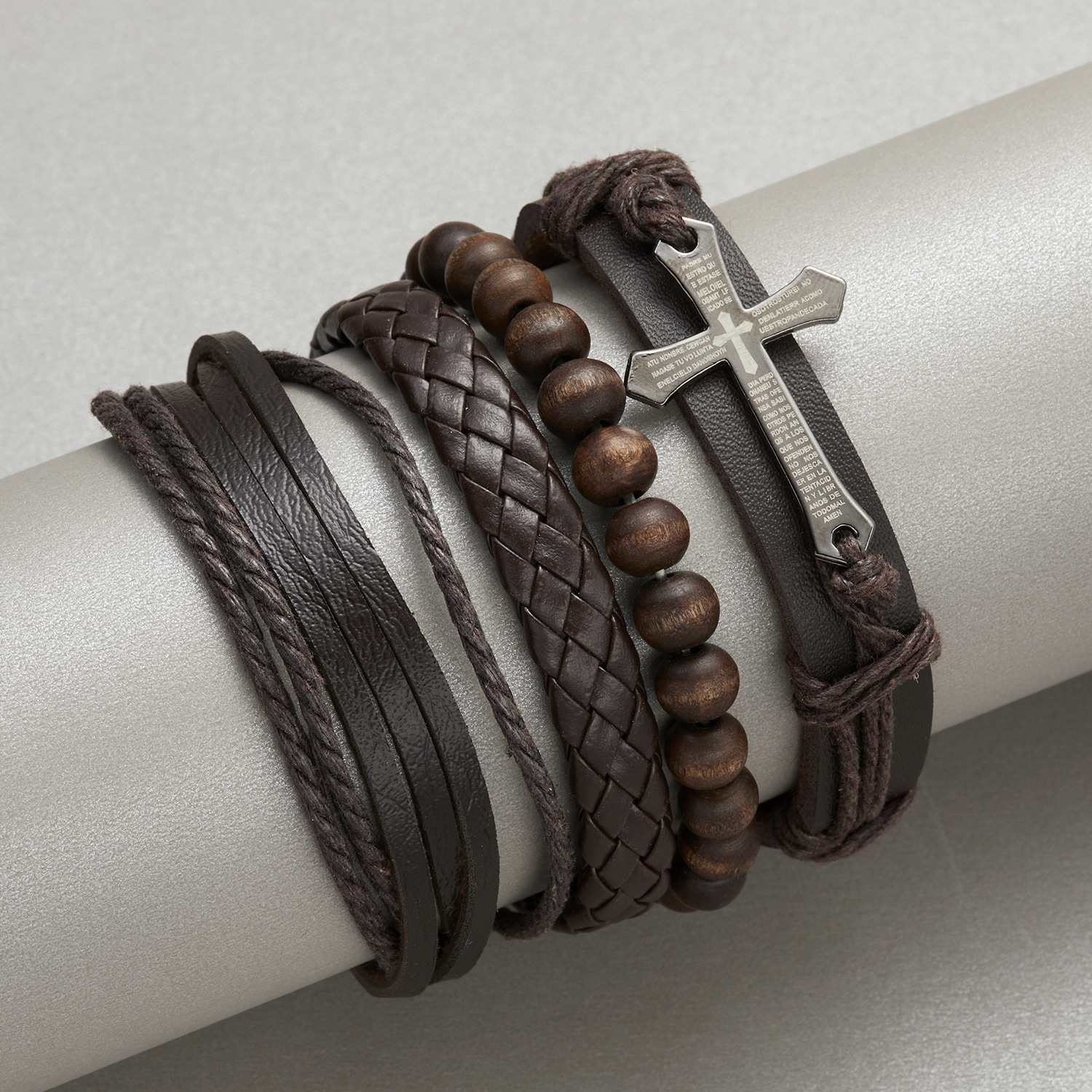 Fashion Cross Heart Shape Pu Leather Knitting Menu0027S Bracelets 1 Set