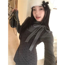 韩系叠穿波点吊带连衣裙蝴蝶结气质打底衫女2024冬季新款时尚套装