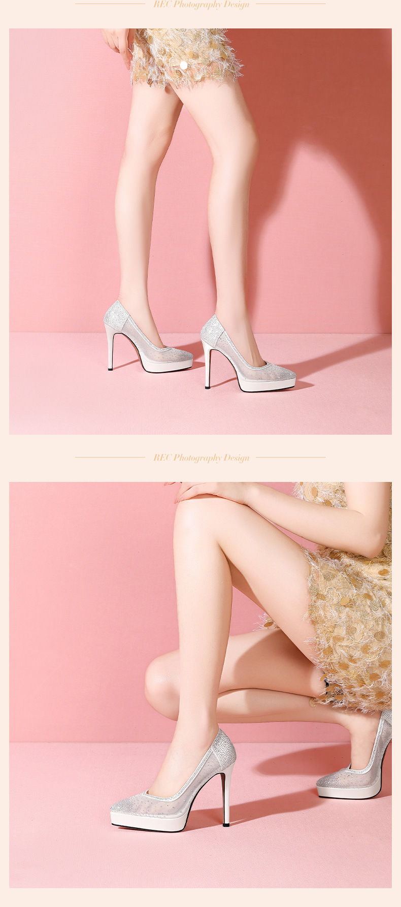 Giày cao gót nữ mũi nhọn da thật đế platform gót siêu cao 12 cm, phối lưới đính đá rhinestone — đen chi tiết 6