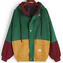 2021韩版学院风学生BF宽松拼色连帽棒球服灯芯绒工装外套女 现货