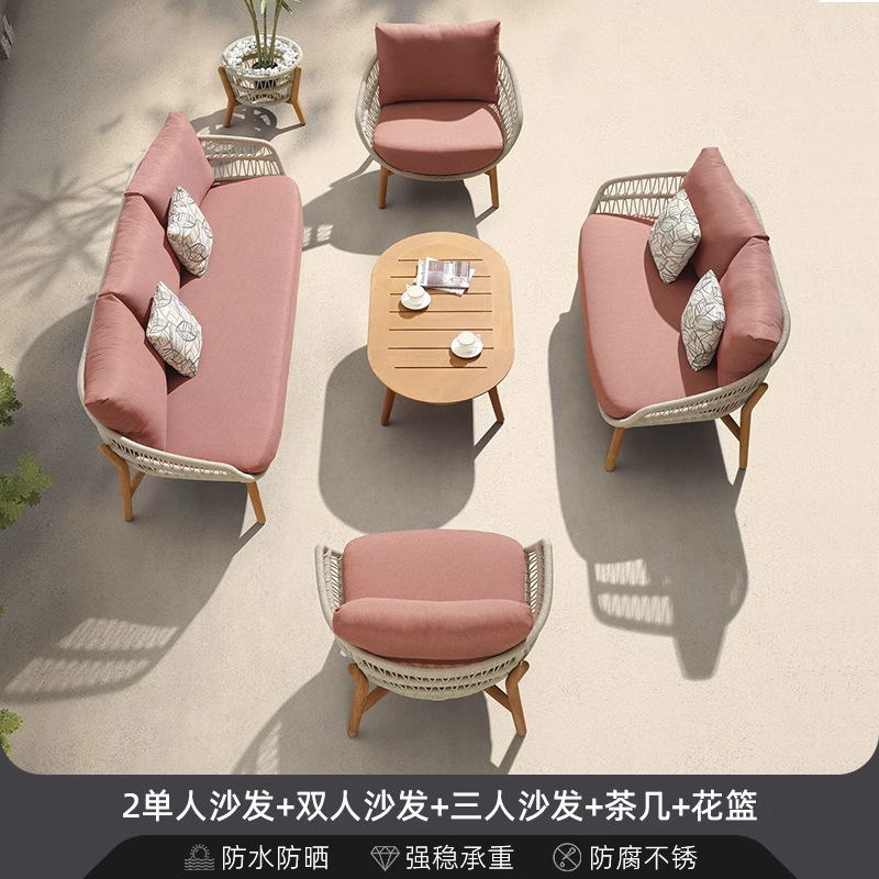 Sofá de patio impermeable al aire libre teca caña sofá jardín al aire libre residencial ocio simple combinación de madera sólida