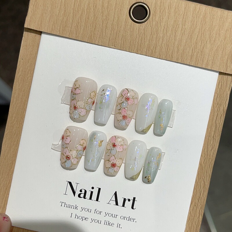 Enamel Magic Mirror Pure Hand-Painted Small Flowers Pure Handmade Phototherapy Wearable Nails Wholesale Nail Stickers with Sparkling Flowers