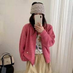 慵懒风双拉链毛衣外套女2025秋冬马海毛贝壳标简约韩系针织开衫潮