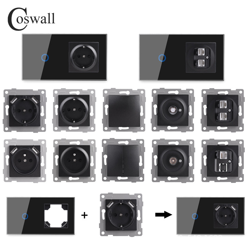 触摸开关 钢化玻璃黑色 联体墙壁插座 德式法式外贸系列组合diy
