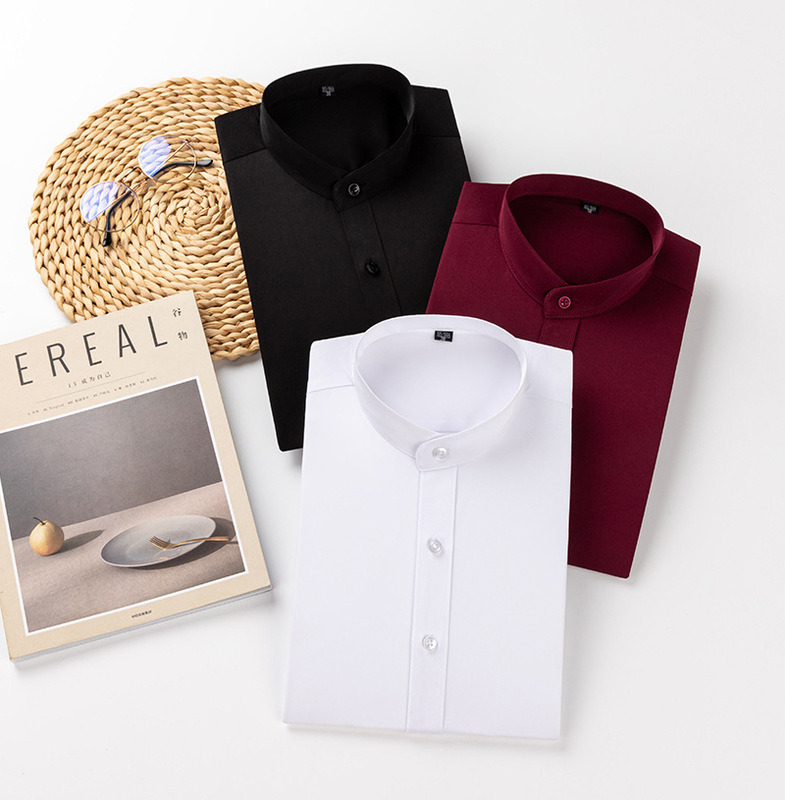 Spring and Autumn Stand-Up Collar Shirt for Men, Long-Sleeved Business Casual Solid Color Burgundy Shirt, Slim Fit Chinese Style Business Commuting Spring and Autumn Stand-Up Collar Shirt for Men, Long-Sleeved Business Casual Solid Color Burgundy Shirt, Slim Fit Chinese Style Business Commuting