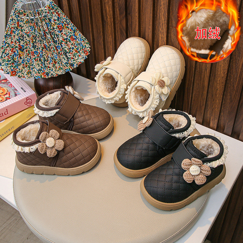 Baby Fleece-Lined Warm Cotton Boots 2025 Autumn and Winter Soft-Soled Girls Cute Knitted Flower Cotton Shoes Baby Snow Boots