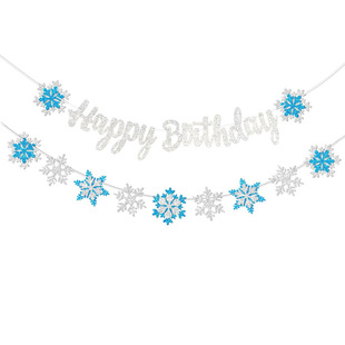 Birthday Party Decoration Layout Happy Birthday Flag Snowflake Banner silver Letter Glitter Flower