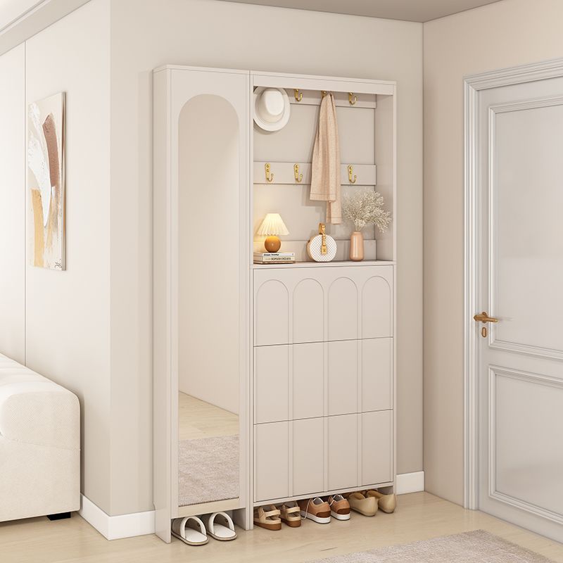 Cream-Style Entryway Shoe Cabinet with Integrated Coat Rack, Ultra-Thin Narrow Home Entrance Cabinet with Full-Length Dressing Mirror