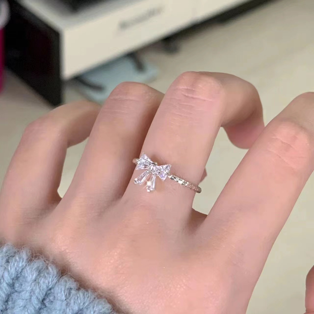 Anello regolabile aperto "Time Princess" con fiocco in argento, dolce e versatile, per ragazze._voghion.com