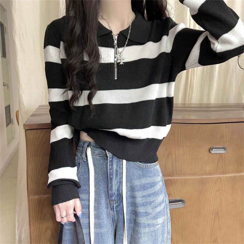 Striped half zipper polo collar pullover women's high-grade outer wear autumn and winter inner loose sweater top