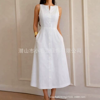 2026夏季新款欧美跨境外贸女无袖纽扣收腰气质时尚显瘦长裙连衣裙