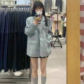 美式复古高级感西装毛呢外套女秋冬加厚小个子韩系慵懒风呢子大衣