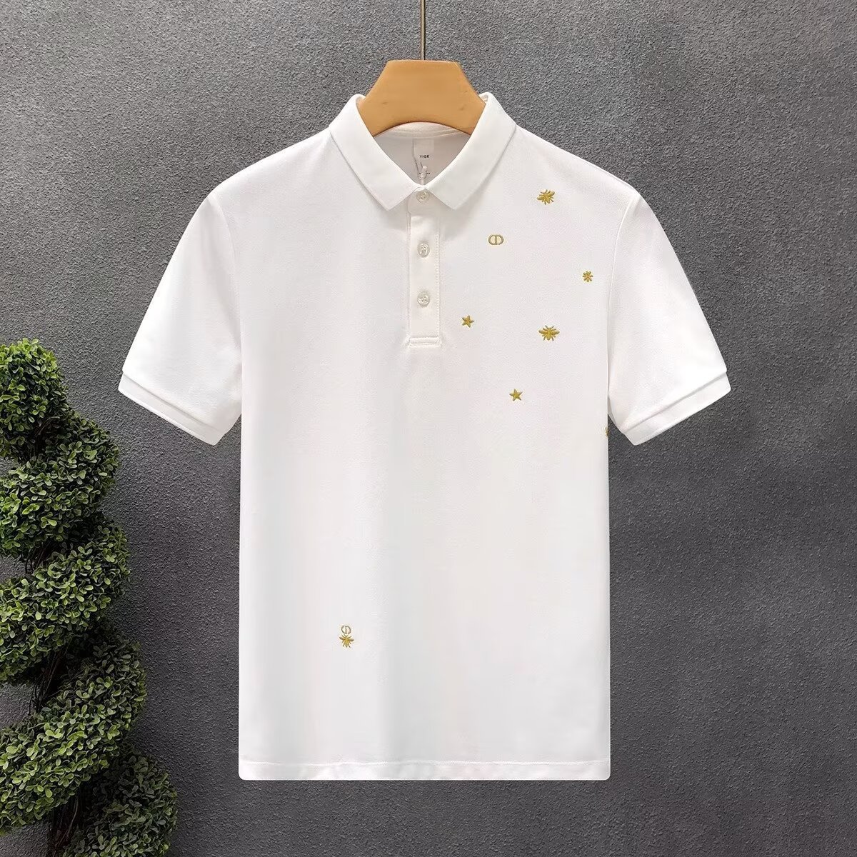 Korean Style Casual White Embroidered Lapel Shirt for Men, Youth Slim Fashion Men's Collared Short-Sleeved Top Trendy Black