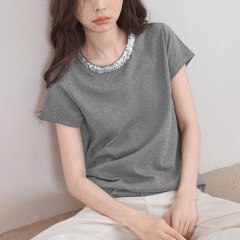 スパンコールの上着のデザイン感が小さいです。灰色のゆったりした百合の短い100綿の肩の半袖の女性のtシャツは夏です。