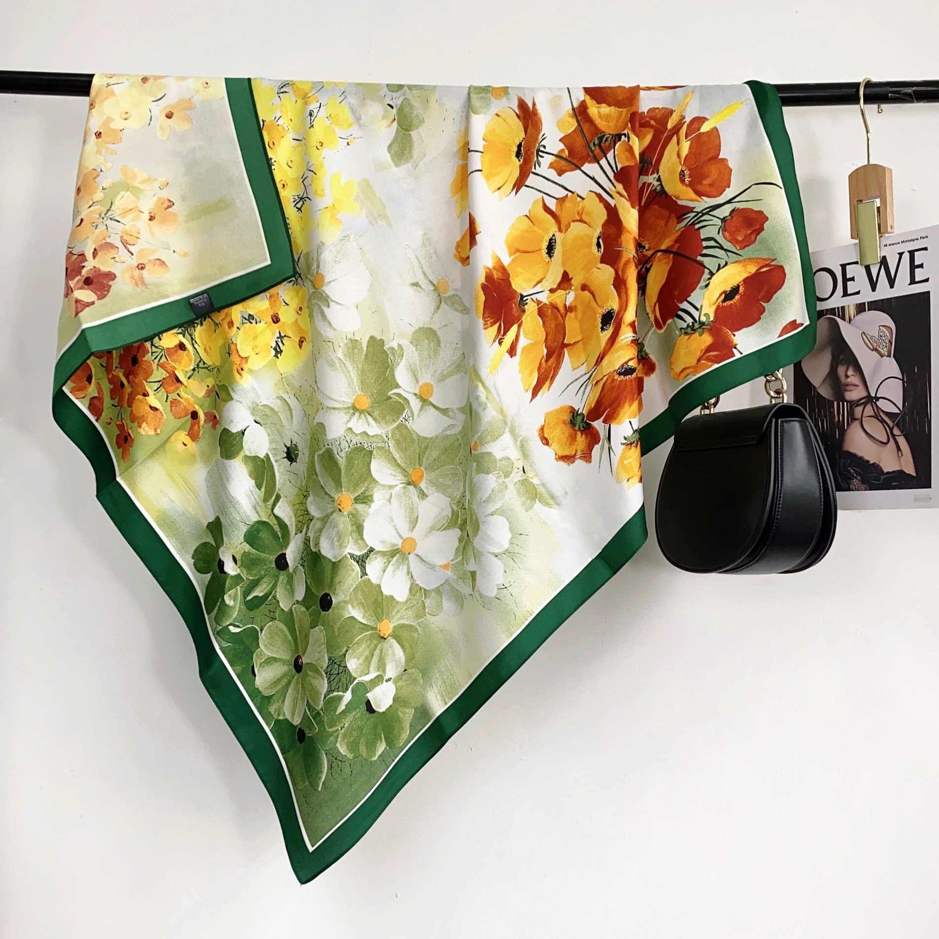 Bufanda cuadrada grande de 90 cm para mujer, estilo coreano elegante, de seda twill con estampado floral de moda, chal de protección solar para ropa exterior.