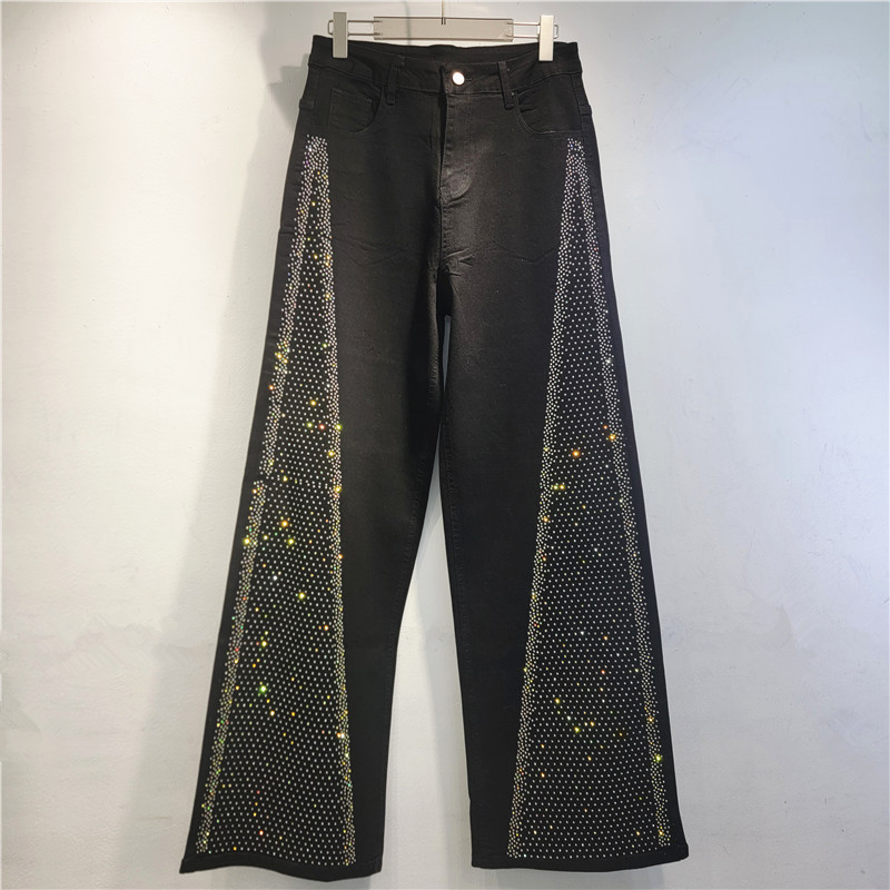 Brillante lateral diseño de taladro caliente jeans elásticos de primavera de mujer nuevos pantalones de piernas largas de cintura alta sueltos delgados