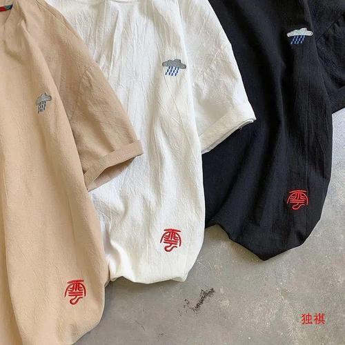 Linen Short-Sleeve T-Shirt for Men - Summer Round Neck Trendy Loose T-Shirt Top Thin Half-Sleeve Cotton Linen Embroidered Shirt