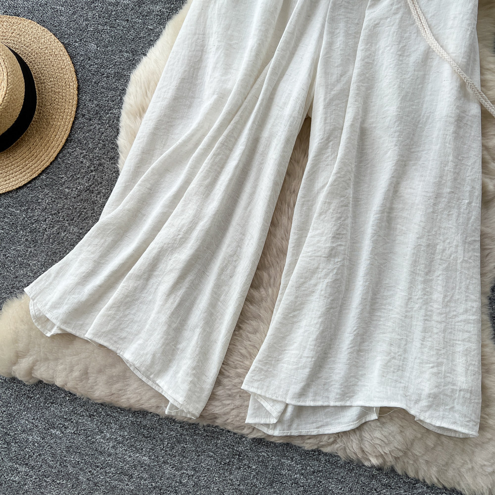 Women's High-Waisted Wide-Leg Trousers Tie Waist Retro Commuter Style Flowy Drapery Relaxed Fit Casual Pants_ecoleips.com