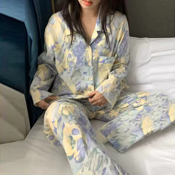 Long‑sleeve pajama cardigan, women’s cartoon print loungewear, relaxed fit, sizes M–XXL