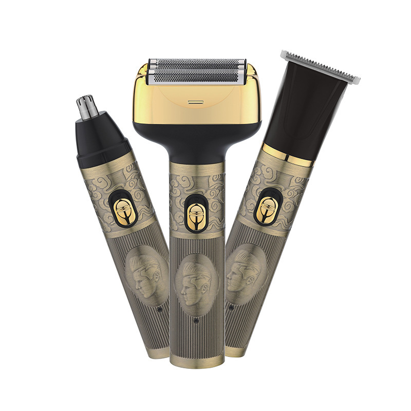 跨境新款三合一電動往復式剃鬚刀鼻毛修剪器復古理髮剪套裝金屬銅