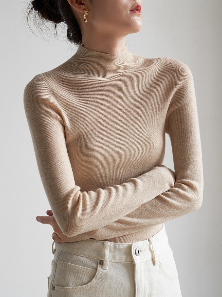 ChicShe ChicShe Seamless One-Piece Commuting Elegant Half-Turtleneck Wool Knit Sweater For Women Autumn Base Layer Top Inner Wear_voghion.com