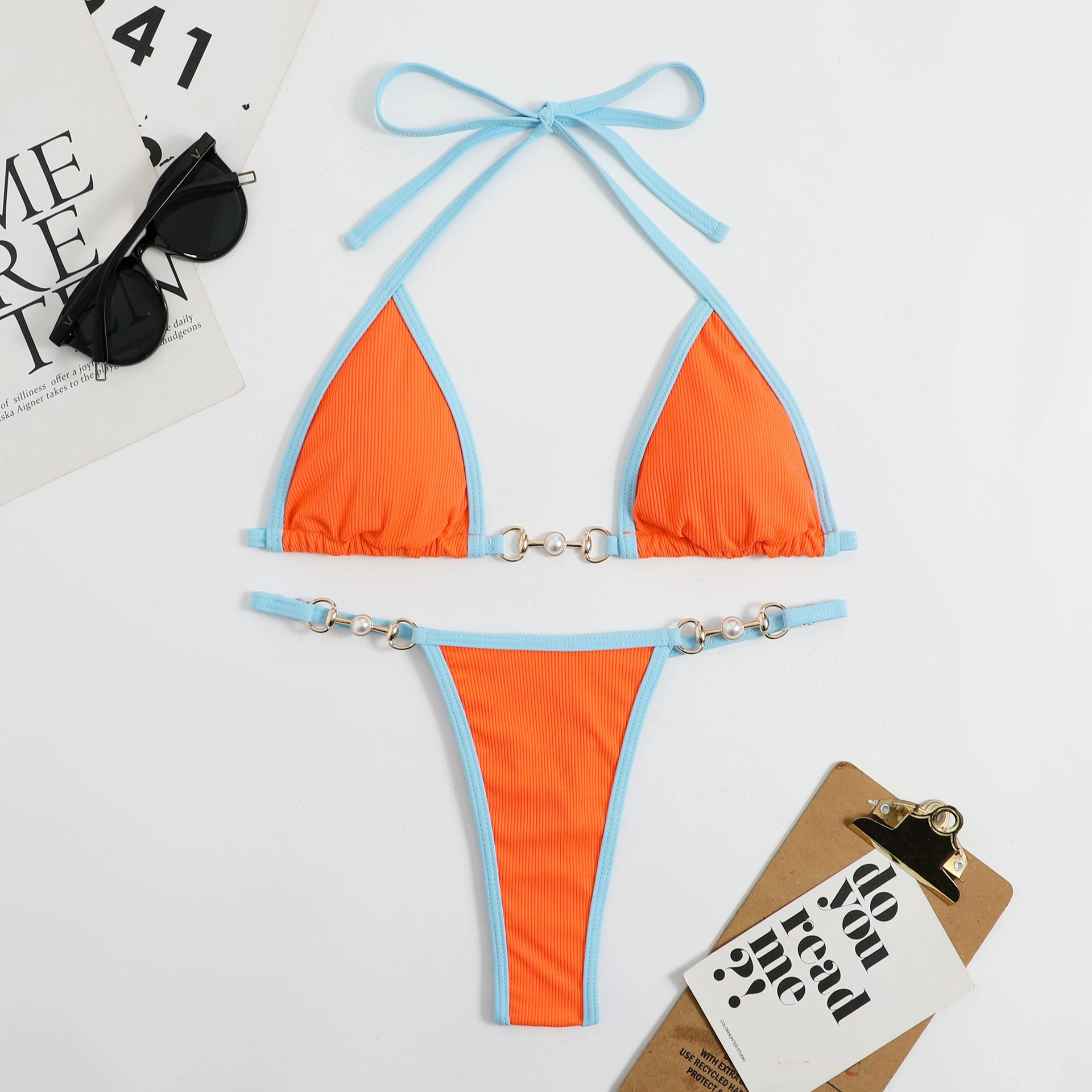 Swimwear, split cloth, multicoloured golden accessory