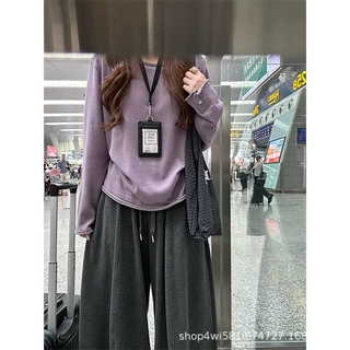 灰紫色卷边长袖T恤女秋季新款宽松显瘦打底衫适合单穿冷淡系上衣