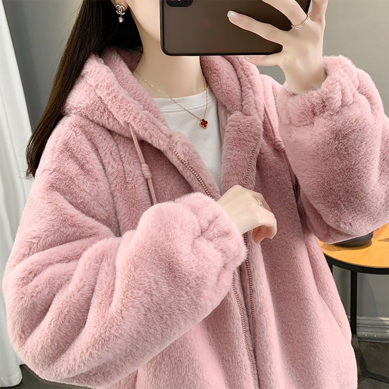 2026 Winter Faux Rabbit Fur Women's Mid-Length Loose Thickened Lamb Wool Coat with Hooded Plush Outerwear