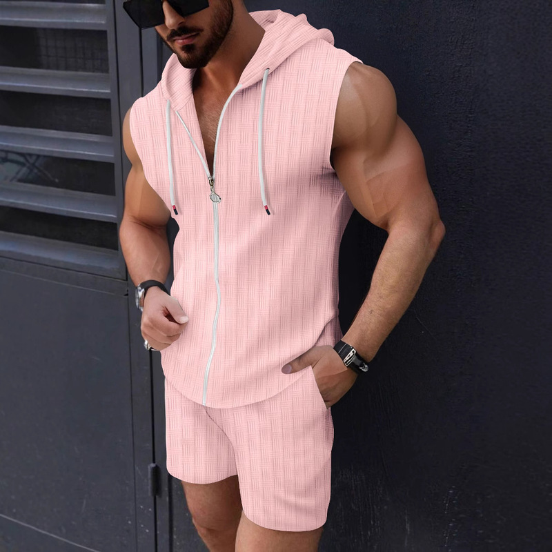 Cross-border Summer New Fashion Men's Hooded suit Zipper T-shirt Plaid Sleeveless Vest Shorts Two-piece Set