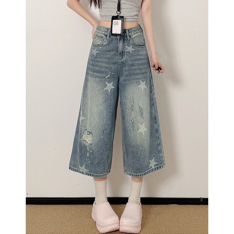 American-style star-pattern ripped cropped pants for women, new summer style, plus size, suitable for pear-shaped body, loose and slimming wide-leg jeans