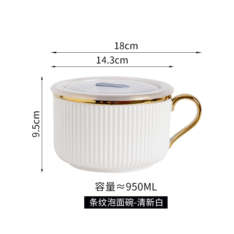 Tazón de fideos instantáneos de cerámica creativa con tapa para estudiantes de dormitorio con mango Tazón de fideos instantáneos para comedor Caja de almuerzo para uso personal