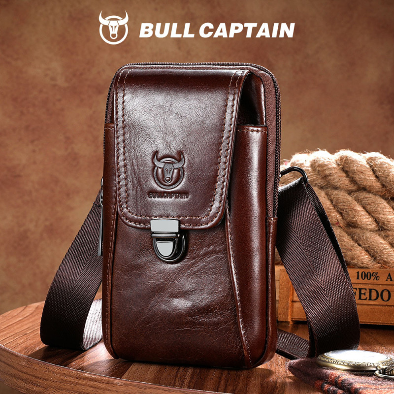 Bullcaptain Men's Genuine Leather Single Shoulder Crossbody Bag 5.5inch 6inch Belt-Wearable Phone Waist Bag