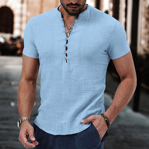 2024 Cross-border Amazon Wish eBay New Men's Retro Cotton Linen Casual Henry Collar Short Sleeve Shirt