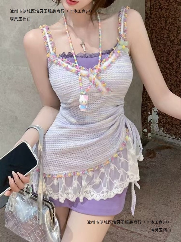 夏季纯欲甜美两件套抽绳度假吊带修身显瘦连衣裙蕾丝拼接罩衫套装|undefined