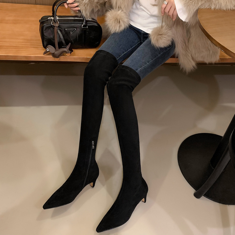 Elegant and Sexy Kitten Heel Leg Fine Over-The-Knee Boots 2023 Winter Thin Medium Heel Pointed Toe Suede Stretch Boots for Women 42 Large Size