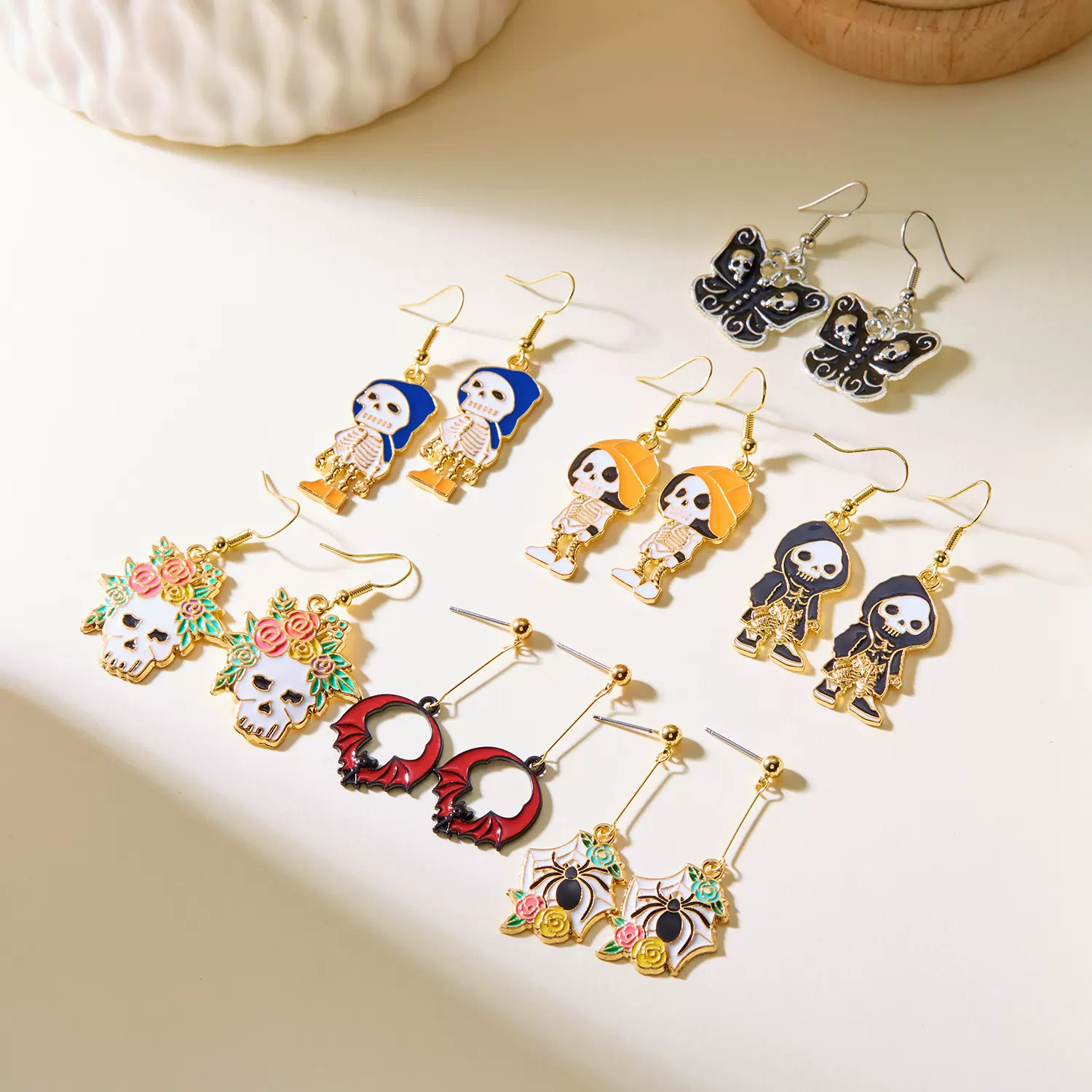 欧美跨境新款万圣节耳环时尚创意万圣画油花朵骷髅头耳钩耳环批发