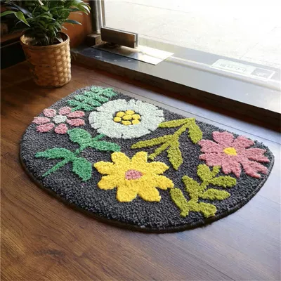 Avtomobil döşəmə paspasları, Water-Absorbent and Stain-Resistant Foot Mat - cartoon-flowers-flowers-and-trees-gray-6-semi-circle-4060cm-water-absorbent-imitation-cashmere