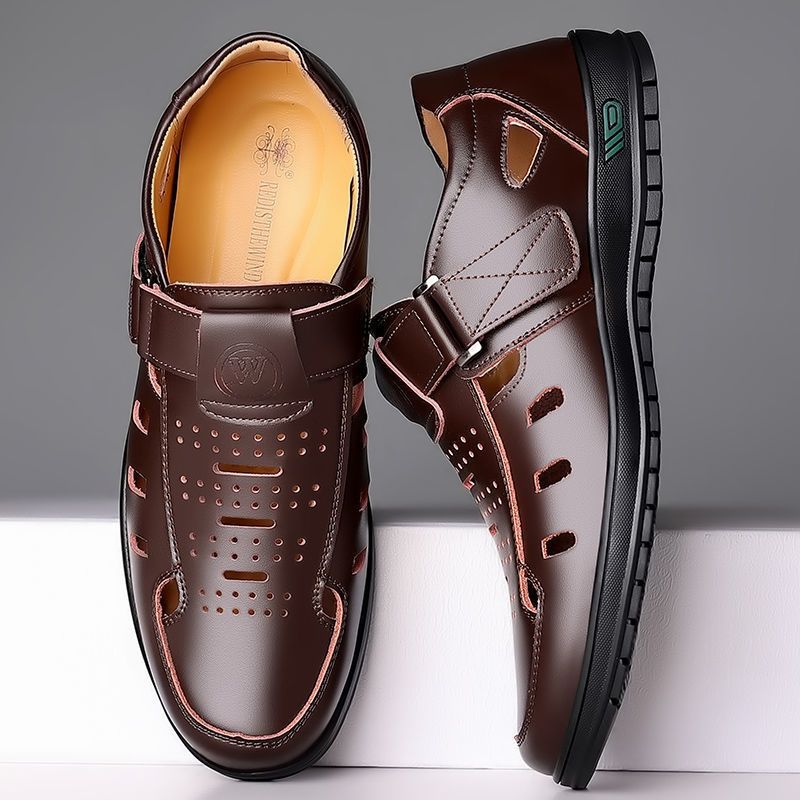 [100% cowhide] Sandals men's genuine leather super thick soft bottom toe covered leather shoes men's shoes father shoes breathable