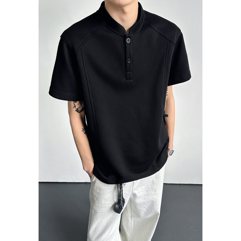 T-shirt High Street Henry da uomo, top corto casual versatile e di tendenza per la primavera, con colletto alla coreana in stile americano e maniche corte_voghion.com