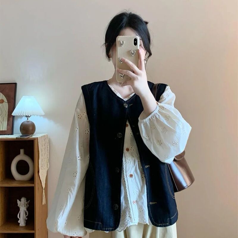 韩版时尚简约复古牛仔开衫马甲女+镂空衬衫+黄色阔腿长裤三件套装|undefined