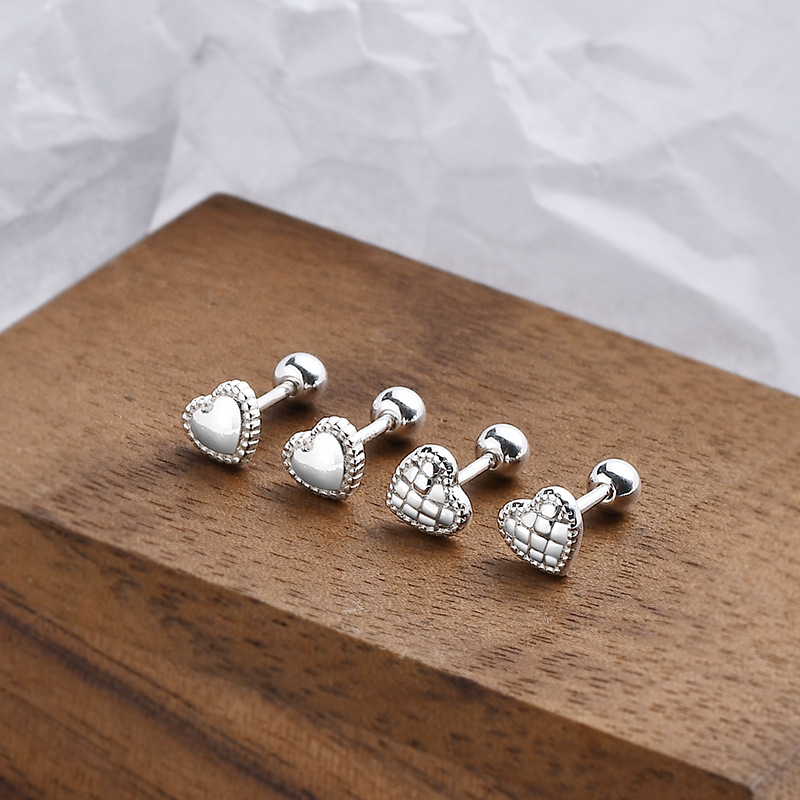 亞馬遜跨境s999銀韓式迷你愛心耳釘女復古心形螺絲耳環歐美耳飾潮