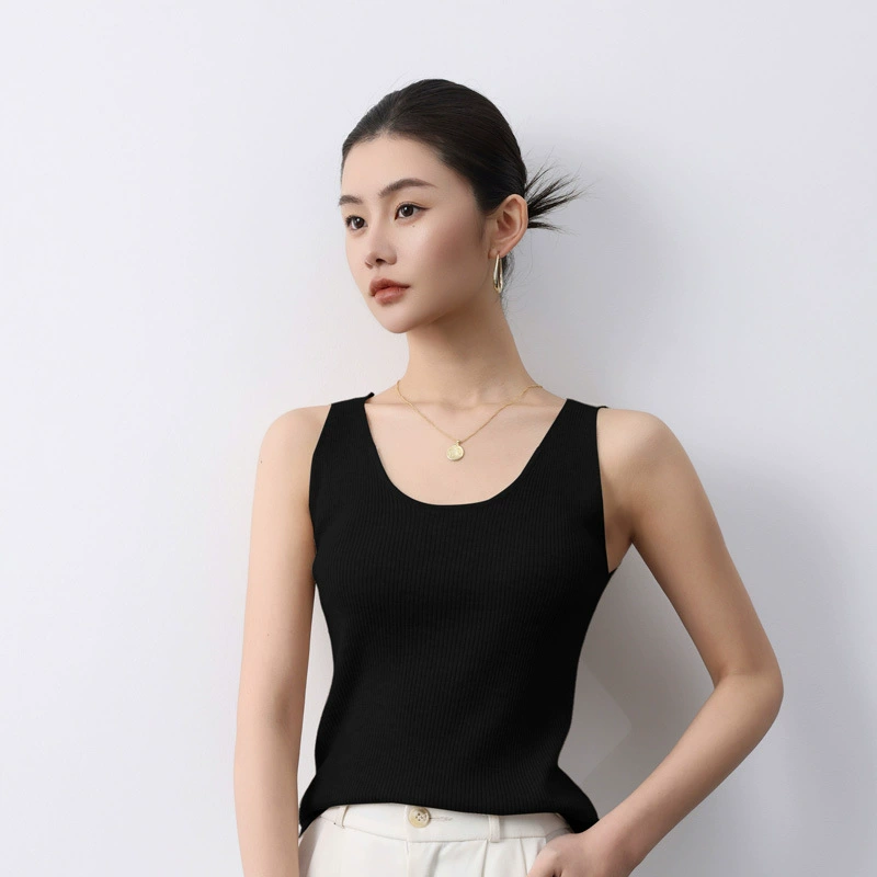 Базовая шерстяная топ с чашками, круглый воротник, V-образный вырез, slim fit